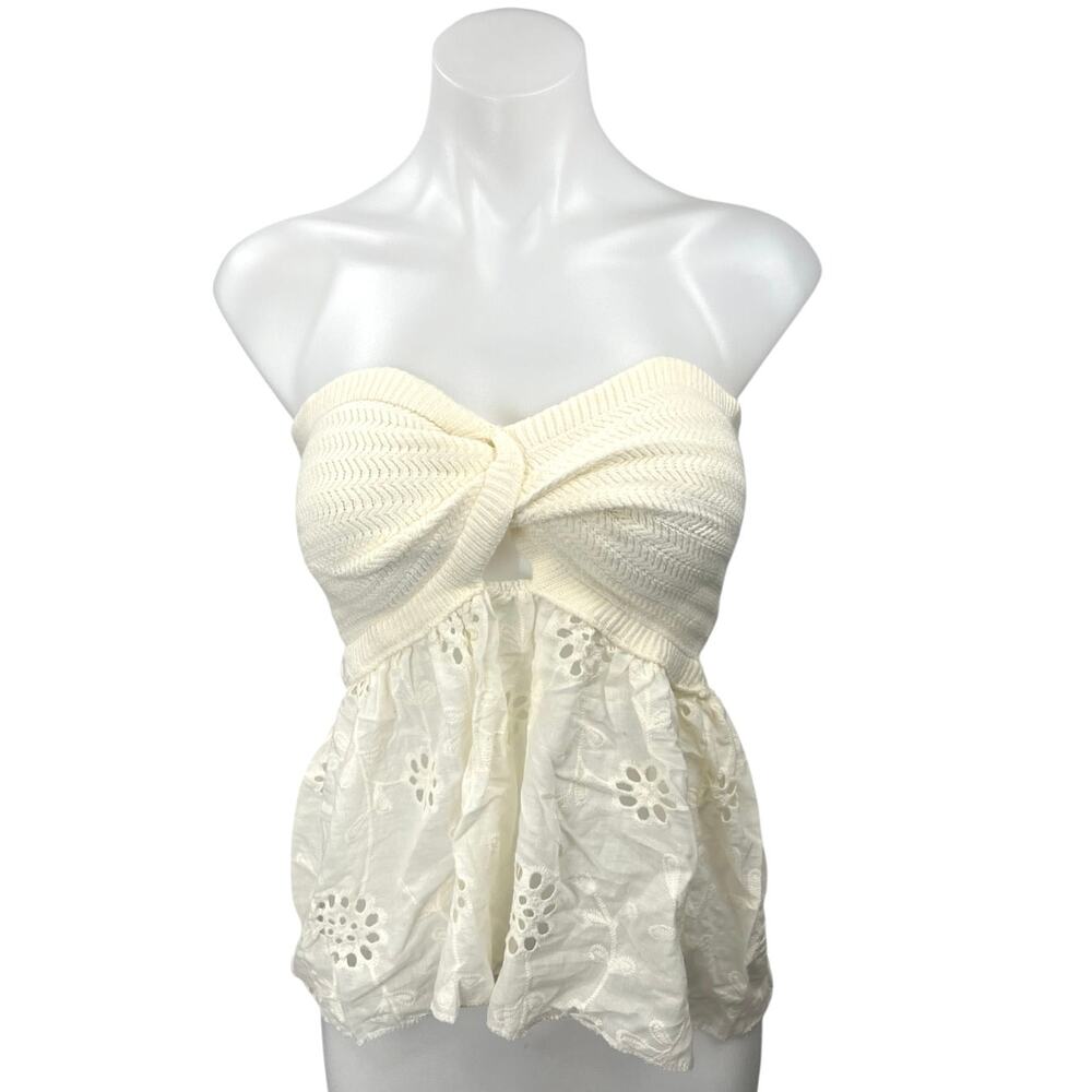 Women's Cream Strapless Tube Bandeau Embroidered Twist Front Blouse Top Size S